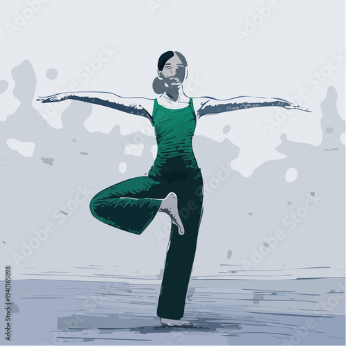 Stylized illustration of a woman in a green outfit practicing yoga tree pose.