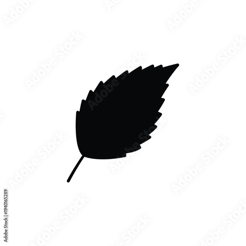 A simple black silhouette of a leaf on a white background