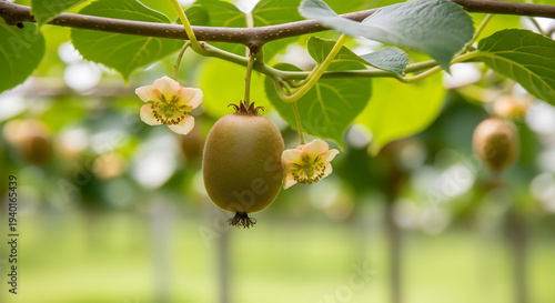 Kiwi fruit and white blossoms hanging on branch in commercial orchard under soft daylight