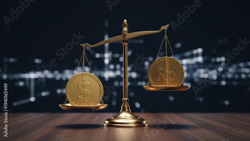 Conceptual image showing Indonesian Rupiah currency weakening against US Dollar on balance scale. Financial metaphor for exchange rate fluctuation, economic imbalance, and currency devaluation