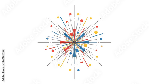 Abstract Exploding Starburst with Colorful Lines and Dots on White Background