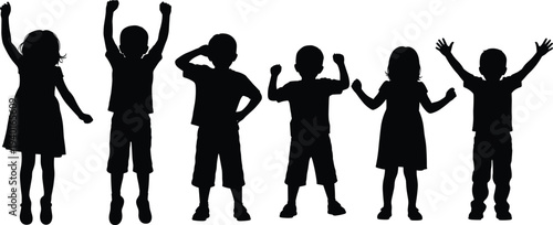 Set of six black silhouettes featuring happy children jumping and cheering with arms raised isolated on a white background.