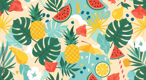 Vibrant tropical summer pattern with exotic fruits and lush green leaves, perfect for a refreshing and joyful design background