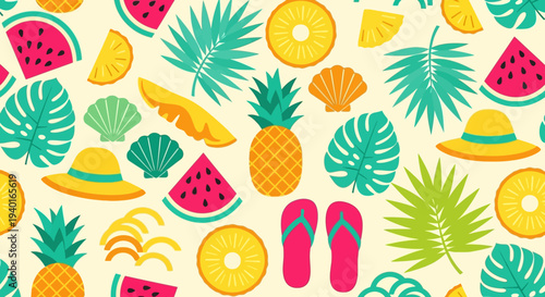 Seamless pattern with tropical fruits, leaves, shells, and beach accessories for summer vacation and resort wear