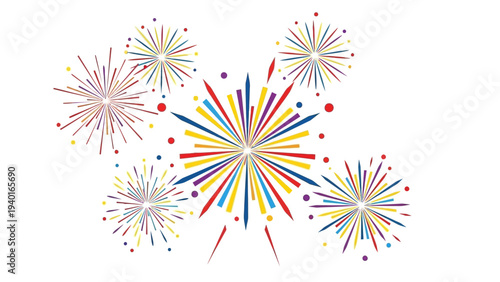 Vibrant and colorful bursts of celebratory fireworks exploding in a dazzling display against a clean white background, perfect for festive events and party invitations