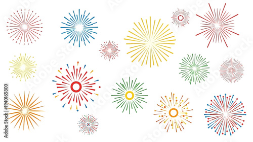 Dynamic vector illustration featuring a diverse array of colorful stylized fireworks bursts, perfect for new year, holiday, festival, and anniversary celebration designs