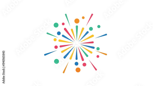 Abstract burst of colorful dots and lines radiating outwards from a central point, symbolizing celebration and excitement