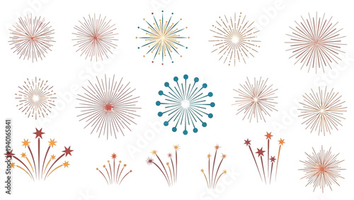 A diverse collection of colorful and sparkling firework illustrations for celebrations and events
