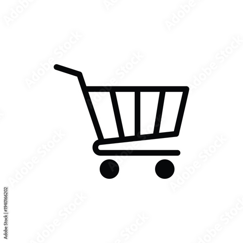 A simple black shopping cart icon on a white background for e-commerce use