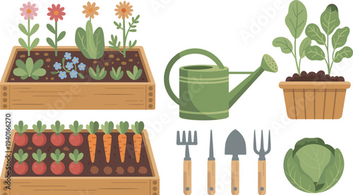 Gardening tools and vegetable garden set with watering can plants planter box vegetables and hand tools vector illustration
