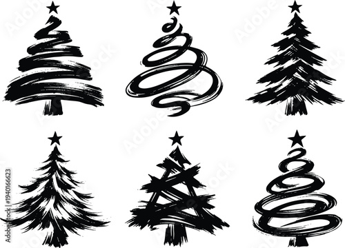 Minimalist black ink brush Christmas tree silhouettes art Collection.
