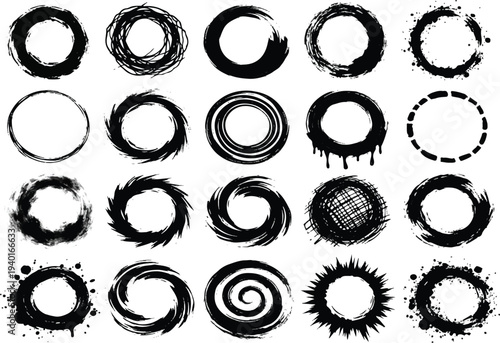 Set of black ink brush circle frames and symbols creative vector element bundle.