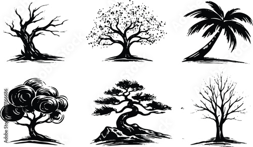 black ink brush tree silhouettes set including palm art illustration.