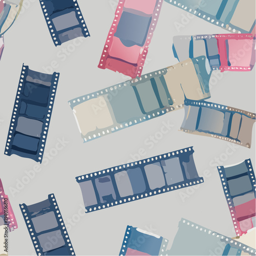 Artistic illustration of scattered colorful photographic film strips.