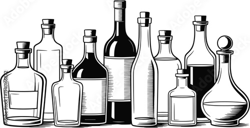 Glass bottle illustration, diverse shapes, black and white art, chemistry flasks, wine bottles, cork stoppers, labeled containers, artistic shading, transparent glass