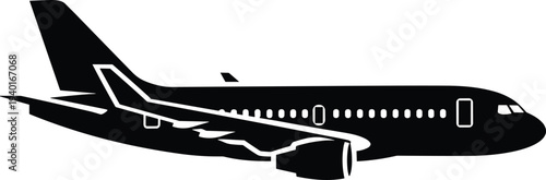 Black silhouette of a commercial airplane flying in profile isolated on a white background for travel and aviation graphic design.