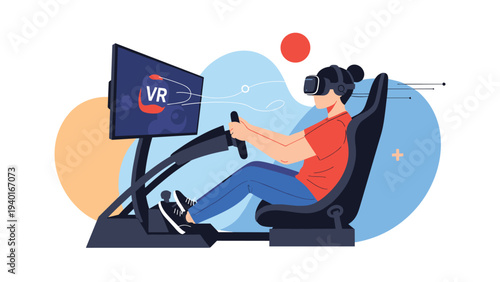 Young man wearing virtual reality goggles experiences immersive driving simulation using steering wheel and specialized gaming chair.