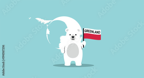 Illustration of a white polar bear holding a Greenland flag against a light blue background with a white globe.