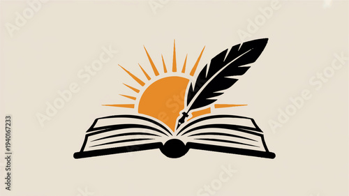 Open book with feather quill pen and sunrise symbolizing knowledge and learning