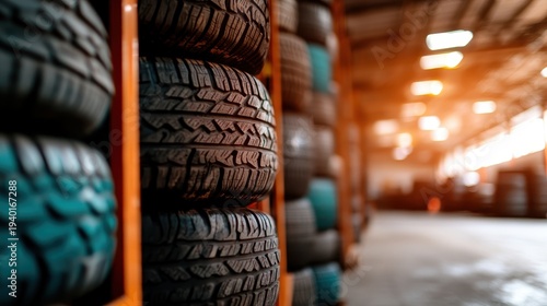 A collection of various tire sizes arranged neatly in a spacious warehouse, showcasing the quality and variety available for automotive enthusiasts and businesses alike.