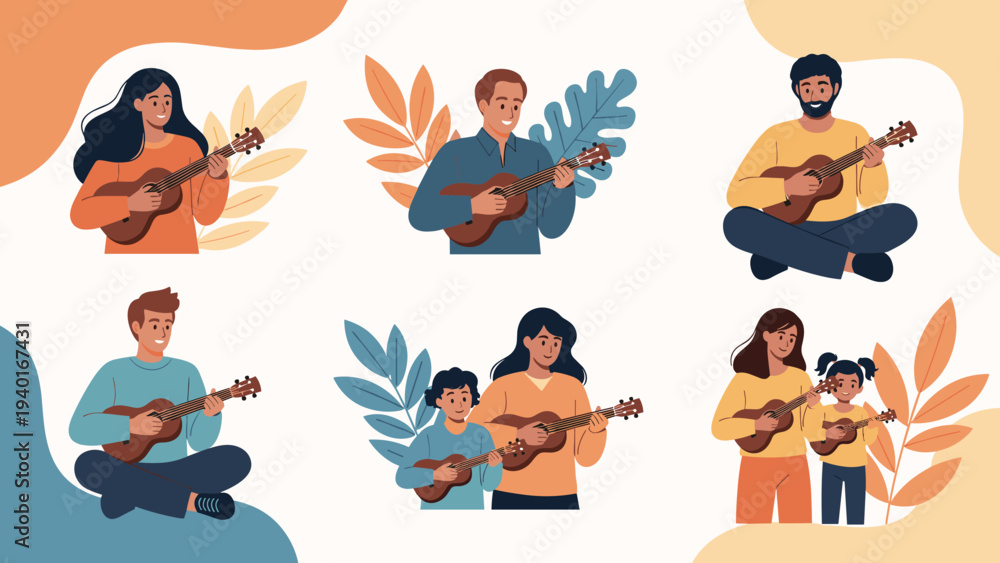 Obraz premium Diverse set of people and family members playing ukuleles with decorative colorful leaves in the background of each illustration.