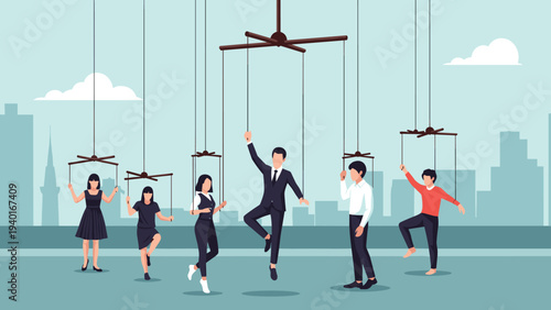 Conceptual illustration of business people being controlled like marionette puppets by strings against a modern city skyline.
