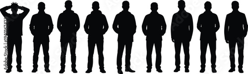 Set of nine black male silhouettes standing in various casual poses isolated on a white background for urban graphic design.