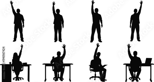 Set of people silhouettes raising hands in various poses, diverse men and women standing and sitting at desks isolated on white