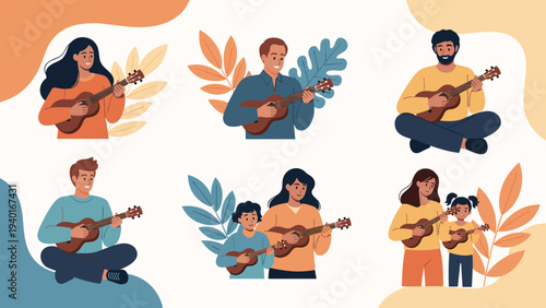 Diverse set of people and family members playing ukuleles with decorative colorful leaves in the background of each illustration.
