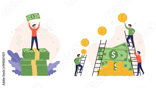 Successful people standing on large stacks of cash and using ladders to reach for gold coins, symbolizing wealth and financial gain.