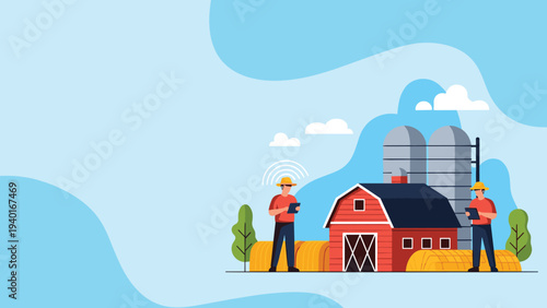 Modern smart farm managed by farmers using digital tablets to monitor silos and a red barn in a vast rural countryside landscape.