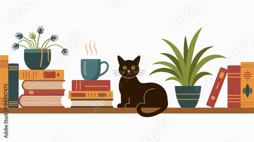 Black cat sitting on a wooden shelf surrounded by books plants and a steaming cup of coffee