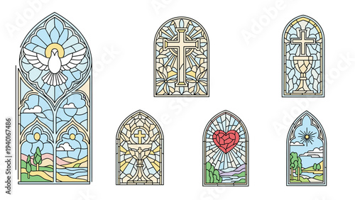 Selection of beautiful stained glass window designs featuring various religious icons, natural landscapes, and spiritual motifs.