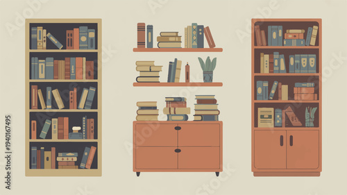 Vintage wooden bookcases with books and storage cabinet home library furniture set against beige background