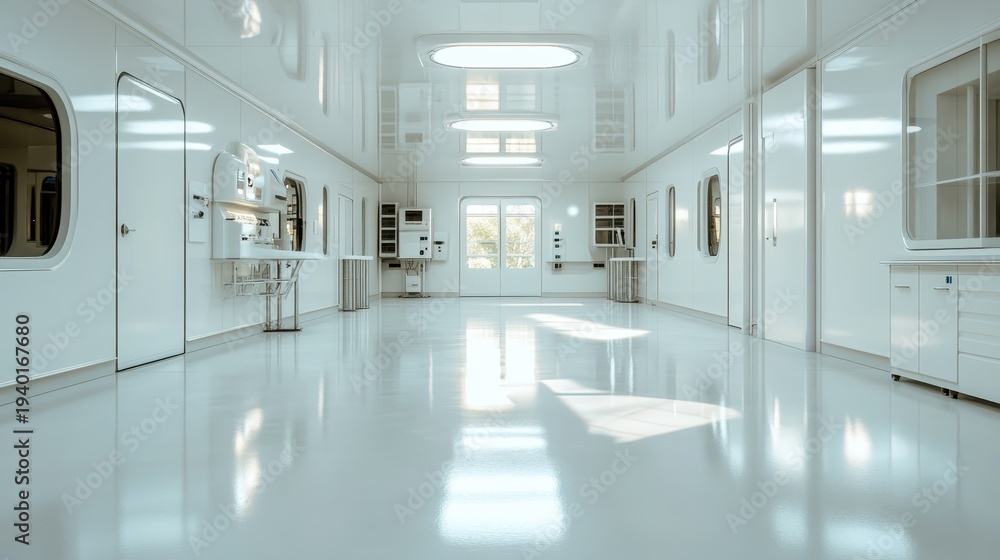 Fototapeta premium A pristine, sterile environment designed for advanced scientific research, showcasing clean lines and smooth surfaces to highlight its hygienic purpose and modern design.