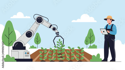 Advanced robotic arm performing agricultural tasks in a crop field while a modern farmer monitors the progress with a digital tablet.