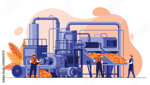 Industrial food processing plant showing a complex system of machinery and workers handling large quantities of fresh oranges.