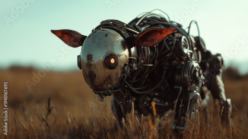 A captivating image of a robotic sheep, showcasing intricate mechanical details and a unique metallic design, set against a natural, grassy backdrop under a clear sky.