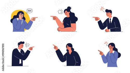 Various individuals expressing anger and frustration by pointing their fingers and shouting in a confrontational flat design style.