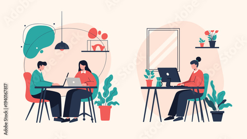 Modern office workspaces showing professionals working on desktop computers and laptops surrounded by indoor plants and furniture.