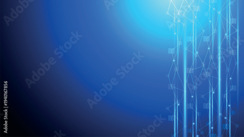 Abstract blue background with glowing vertical lines and interconnected network patterns representing data flow and digital technology.
