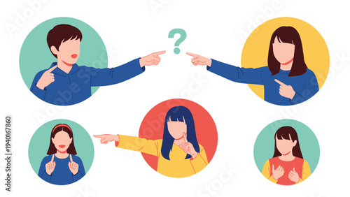 Group of people pointing fingers at each other around a large question mark, depicting a situation of blame, doubt, or confusion.