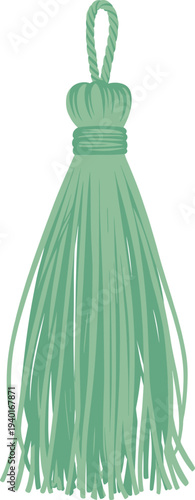 Green thread tassel ornament illustration, decorative textile fringe accessory isolated, elegant hanging cord decoration element for craft fashion curtain design