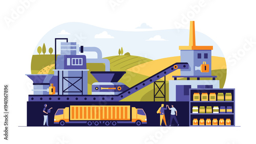 Large scale industrial food factory with silos and trucks set against a picturesque background of rolling green agricultural hills.