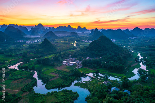 Sunset over Cuiping Mountain in Grape Town, Yangshuo, Guilin China