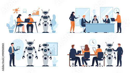 Collaborative office environment where humans and advanced robots work together on tasks and participate in professional meetings.