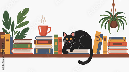 Black cat sitting on a bookshelf with books plants and a cup of coffee in a cozy reading nook