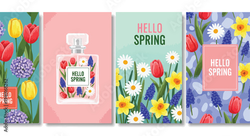 Hello Spring floral vector card set with tulips, daffodils, hyacinths, and daisies, featuring a perfume bottle design, ideal for seasonal greetings and marketing