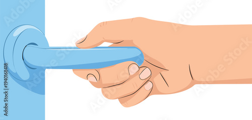 Hand opening door handle illustration, human hand pressing lever handle to open door, home entrance access concept vector