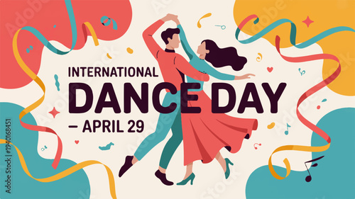 International dance day celebration with couple dancing ribbons and confetti on april 29 festive background